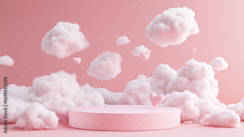 Poster Fluffy pink clouds and heart shapes floating above a minimalistic display platform