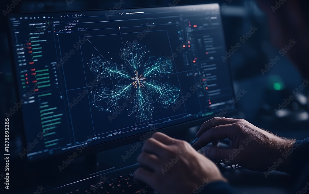 Poster A person analyzes complex data visualizations on a computer screen, focusing on intricate patterns and digital interfaces.