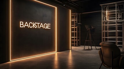 Modern podcast studio's backstage, minimalist in design with wall sign "BACKSTAGE," tidy and professional.

