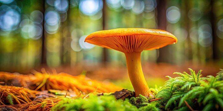 Close-up of a vibrant saffron milk cap mushroom in a forest setting, mushroom, saffron milk cap, Lactarius deliciosus