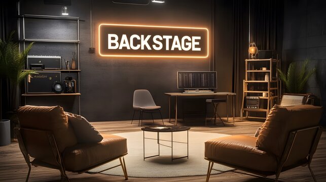 Modern podcast studio backstage area, with "BACKSTAGE" in bold letters on wall; simple, well-organized space.
