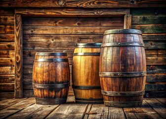 Rustic Charm: A Set of Aged Wooden Barrels with Metal Bands Neatly Arranged Against a Weathered Wooden Wall in a Cozy, Vintage Atmosphere