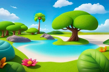 Naklejka premium Beautiful and Peaceful Nature Scenery Illustration Landscape Countryside Tranquil Vibrant and Colorful