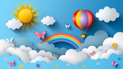 Beautiful fluffy clouds on blue sky background with summer sun