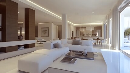 A modern, elegant living room with minimalistic design and open space concept.
