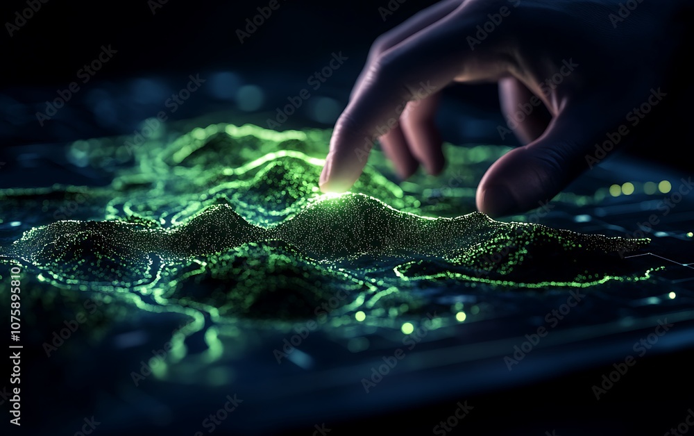 Aufkleber A hand interacts with a glowing, textured surface, creating wave-like patterns and illuminating tiny particles in a mesmerizing display.