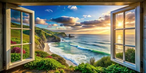 Serene Ocean View from Open Window with Coastal Landscape, Perfect for Relaxation and Tranquility, Scenic Escape to Nature, Ideal for Home Decor and Travel Inspiration