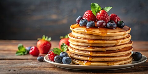 Delicious stack of homemade pancakes with maple syrup and fresh berries, breakfast, food, delicious, fluffy, sweet, tasty