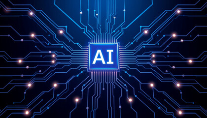 Glowing Purple AI Chip on Blue Circuit Board, Symbolizing Advanced Artificial Intelligence Technology.