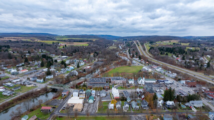Aerial image over Marathon, NY on a cloudy, overcast fall afternoon, November 11, 2024.	