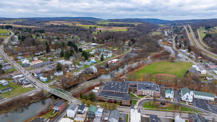 Aerial image over Marathon, NY on a cloudy, overcast fall afternoon, November 11, 2024.	
