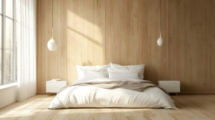 Minimalist Bedroom Interior with Wooden Walls and White Bedding