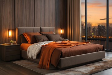 Modern Bedroom Interior Design with City Skyline View at Sunset