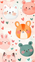 Fototapeta premium Cute flat pattern with cartoon cats and hearts on white background