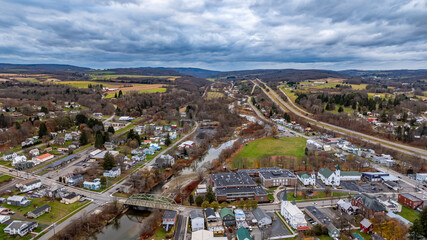 Aerial image over Marathon, NY on a cloudy, overcast fall afternoon, November 11, 2024.	