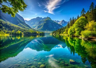 Fototapeta premium Serene Landscape Featuring a Tranquil Lake Surrounded by Lush Mountains, Ideal for Free MP3 Background Music for YouTube Videos and Relaxation Content