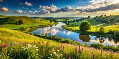Serene Landscape Photography with a Medicine Theme Featuring Rolling Hills, Lush Greenery, and a Tranquil River Flowing Through a Healing Environment