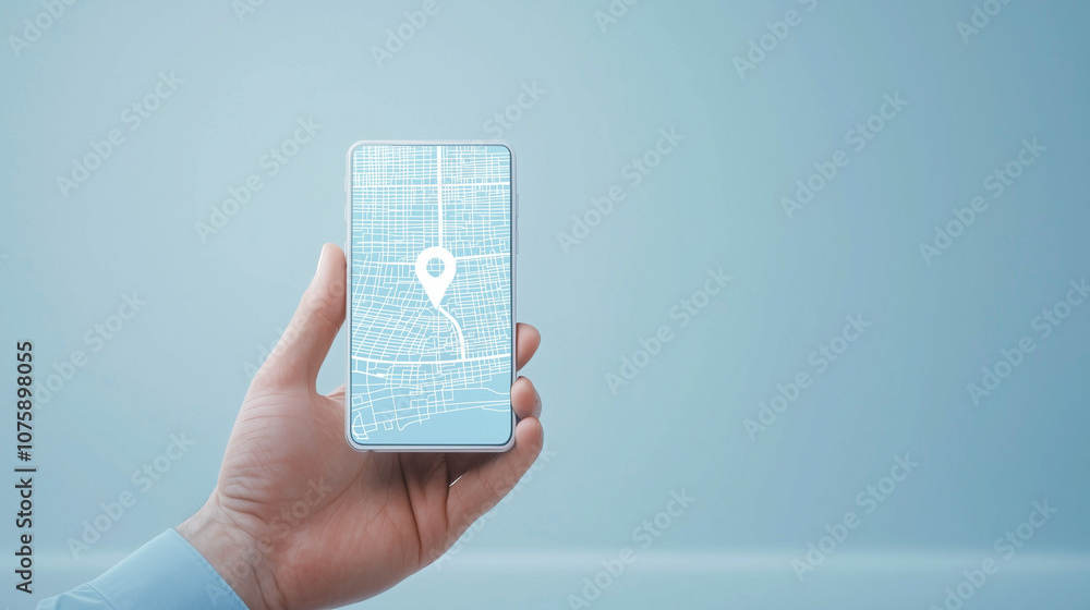 Poster navigating the future: a hand holds a smartphone displaying a detailed map with a location pin, symb