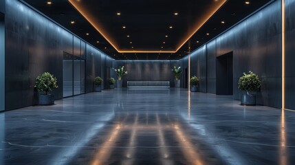 Modern minimalist hallway with dark grey walls, polished marble floor, and ambient lighting.