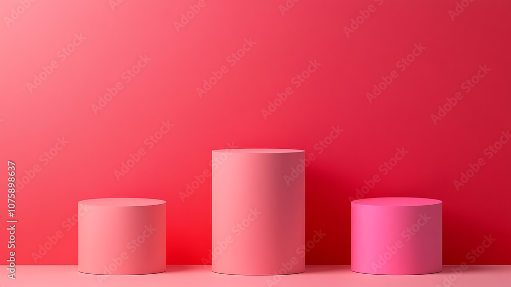Poster minimalist display of pink circular podiums against a vibrant red background in a modern setting