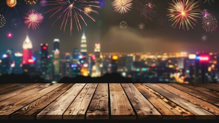 Night Cityscape with Fireworks and Wooden Table
