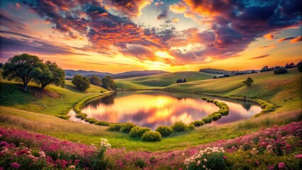 Naklejka premium Delicate heart shapes nestled in nature, under a serene pink sky, bring forth a dreamy ambiance, highlighting the emotional bond between lovers this Valentine's Day.