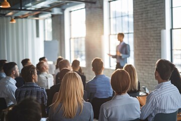 group of people attending a presentation in a modern, well-lit room with large windows and exposed brick walls. 