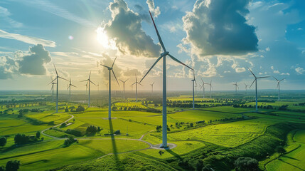 Windmill park in the ocean, drone aerial view