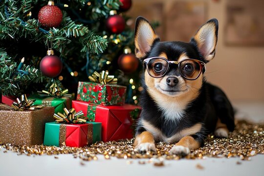cute chihuahua dog with stylish fasioned glasses smile and joyful with christmas tree decorating and colorful present gift box festive concept