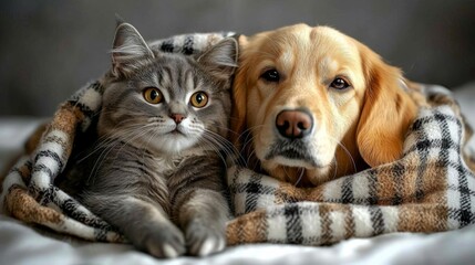 Dog and cat under a plaid. Pet warms under a blanket in cold autumn weather , isolated on white background,  , copy space, copy space for text,