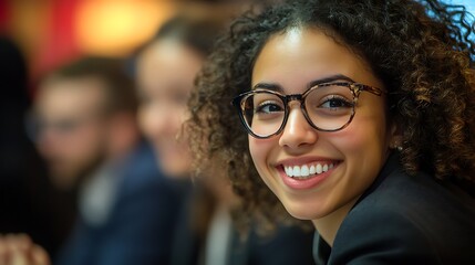 Fototapeta premium Smiling woman engages with business community at event