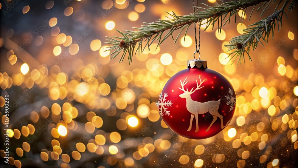 Aufkleber Silhouette of a Red Christmas Ornament with Deer Design Hanging from a Tree Branch Against a Sparkling Bokeh Background with Ample Copy Space for Text