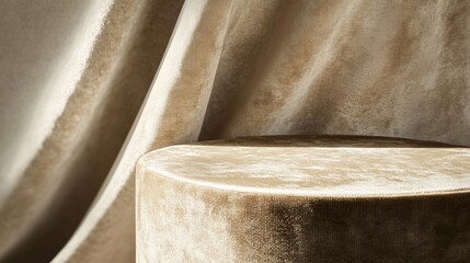 Beige velvet fabric and cylindrical podium, luxurious texture display