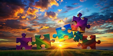 Silhouette of Colorful 3D Puzzle Pieces Against a Vibrant Sunset Sky, Symbolizing Unity and Problem Solving in a Creative Setting for Stock Photography