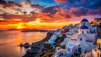 Fototapeta premium Silhouette of Santorini at Sunset: Captivating Views Over the Aegean Sea with Iconic White Buildings and Vibrant Sky Colors for Stunning Landscape Photography