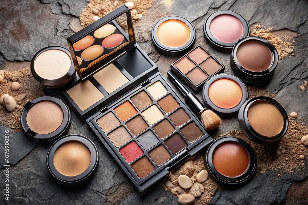 Poster sleek compacts showcasing an array of diverse foundation shades in a modern, minimalist setting with