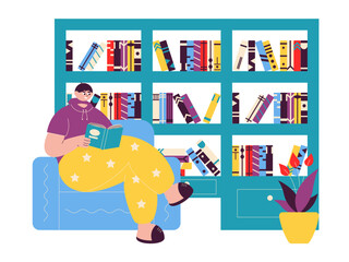 Girl reading book in library. Library illustrations. Flat vector illustration.