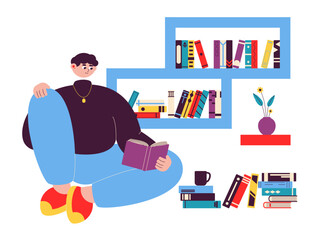 Boy reading book in home library. Library illustrations. Flat vector illustration.