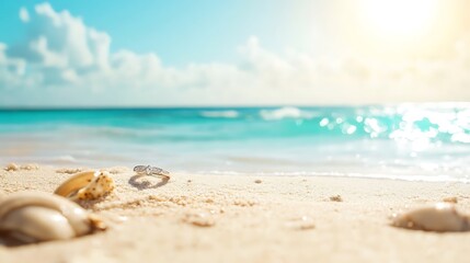 Obraz premium A serene beach scene with seashells and a sparkling ocean under a bright sun.