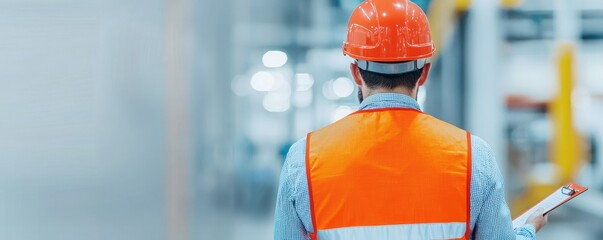 A construction worker in a safety vest and helmet stands in a warehouse, focused on safety and job responsibilities.
