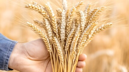 Hand holding freshly harvested wheat stalks in golden field