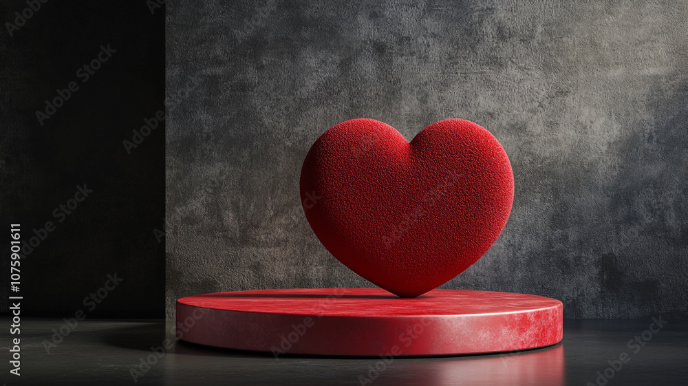 Poster A red heart shape on a circular base against a textured gray background