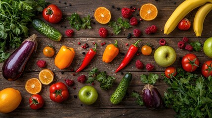 A photo of a bright assortment of fresh vegetables and fruits, beautifully laid out on a wooden table. The composition features various vegetables 