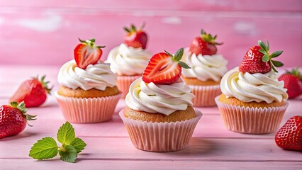 Delicious cupcakes with strawberries and cream on a pink background, cupcakes, strawberries, cream, dessert, sweet, food