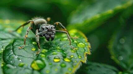 Naklejka premium A close-up shot of a black ant with long legs standing on a green leaf covered in water droplets.