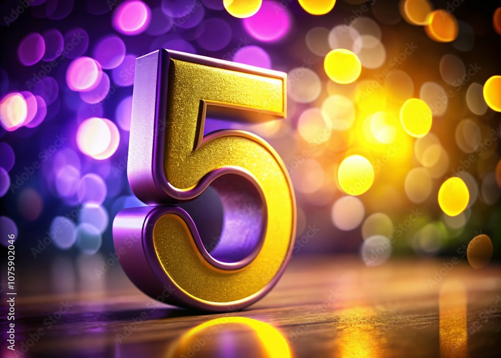 Poster stunning 3d rendering of number 5 in vibrant yellow and purple colors with high depth of field for a