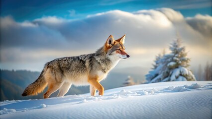 Obraz premium A solitary coyote traverses the snowy Canadian wilderness, capturing the essence of nature's beauty through urban exploration, majestic wildlife, and breathtaking winter landscapes.