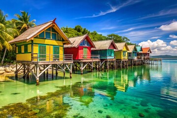 Fototapeta premium Stunning Aerial View of Stilted Cottages Over Crystal Clear Waters at Calatagan Beach Resort, Showcasing the Perfect Tropical Getaway and Serenity of Nature in the Philippines