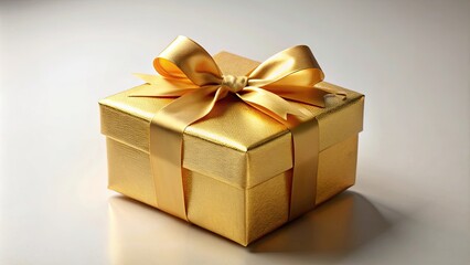 Obraz premium Golden gift box with ribbon bow, ideal for wrapping presents or as a decorative item , gift box, golden, ribbon, bow