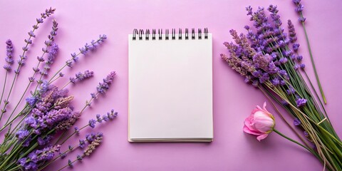 Lavender and pink flowers surrounding a blank purple notebook on a pastel background, lavender, pink, flowers